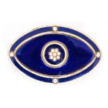 A Georgian 9ct elliptical shaped brooch, blue and white enamel ground detailed with seed pearls,