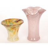 A 1930s Monart shape HB glass vase of sleeve form with trefoil form rim,