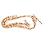 A 9ct rose gold graduated Albert chain with T bar and swivel clasps, T bar,