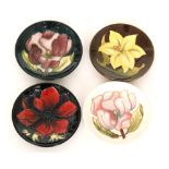 Four assorted Moorcroft Pottery pin dish coasters comprising two in Magnolia,