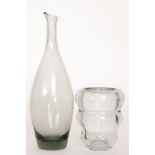 A 1930s glass vase in the manner of Art Vannes of ribbed sleeve form in clear, height 14cm,