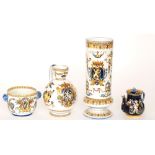 Three pieces of French Gien pottery comprising a tall cylindrical vase,