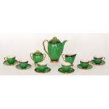 A 1930s Carlton Ware Art Deco Verte Royale Rita shape coffee set comprising coffee pot, milk jug,