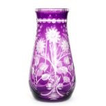 A 1930s Stevens & Williams crystal glass vase of tapering form in amethyst over clear intaglio cut