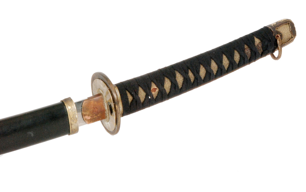 A later 20th Century Japanese katana, with black cotton bound fish skin grip with bronze menuki,