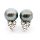 A pair of 18ct white gold diamond and black Tahitian South Sea pearl clip earrings,