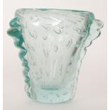 A 1930s glass vase in the manner of Daum of compressed tapering sleeve form with applied ribbed and
