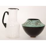 A later 20th Century Cowdy studio glass water jug of steeped sleeve form with applied amethyst