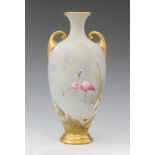 A Royal Worcester twin handled shape H287 vase decorated by George Johnson with hand painted