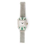 A platinum Art Deco emerald and diamond cocktail watch,