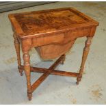 A Victorian walnut sewing table of rectangular form, with a hinged lid enclosing a central well,