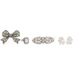 A small parcel lot of marcasite and jewellery to include a bow brooch, a pair of clip earrings,