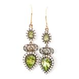 A pair of peridot, seed pearl and diamond pendant earrings,