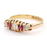 An early 20th Century 18ct hallmarked five stone diamond and red spinel boat shaped five stone ring,