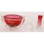 A late 19th Century Thomas Webb & Sons cranberry glass bow with applied clear crystal trim and