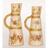 Two Royal Worcester shape 1047 tapering jugs each decorated with hand enamelled sprays of flowers