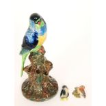 A Royal Worcester Crown Works flower frog modelled as a parakeet perched on a rocky pedestal,