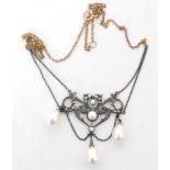 An Edwardian style diamond and pearl openwork pendant,