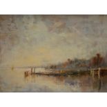 IAN RUSSELL (CONTEMPORARY) - 'Early Morning, Italian Lake', oil on board, signed, framed,