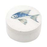 A 1930s Moorcroft salt glaze trinket box and cover decorated with a tubelined fish against the