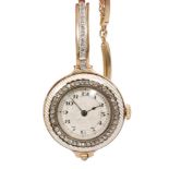 A late 19th Century French diamond and enamelled ladies wrist watch,