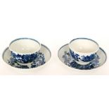 Two late 18th Century Worcester teabowls and saucers decorated in the blue and white Fence pattern,