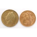 An Edward VII full sovereign dated 1904, with a George IV gilded shilling dated 1826.