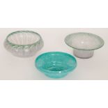 A 20th Century Vasart glass bowl of flared form decorated with graduated green to opal mottling,