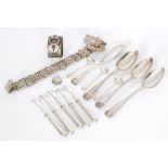 A parcel lot of assorted silver and white metal items to include three table spoons, a bangle,