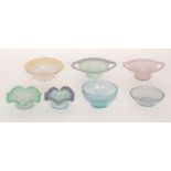 A group of seven 20th Century Vasart glass bowls comprising twin handled and flared form examples,