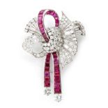 A ruby and diamond ribbon tied bow brooch,