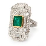 An 18ct white gold emerald and diamond Art Deco style rectangular plaque head ring,