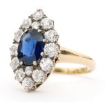An 18ct sapphire and diamond navette shaped ring,