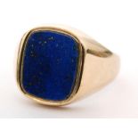 A 9ct hallmarked gentleman's lapis lazuli signet ring with cushioned rectangular stone to plain