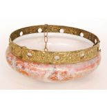 An Art Nouveau style pink marbled effect plafonnier with pressed gilt mount, width 37cm.