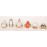 Six assorted Royal Crown Derby paperweights comprising a chicken, robin,