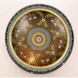 A Chinese cloisonne shallow footed bowl of circular outline with sylised floral and foliate