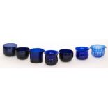 A 19th Century Bristol blue glass finger bowl of flared form with a central applied annulated ring,