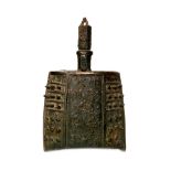 A Chinese archaic style bronze hand bell or Zhong of elliptical outline with arched sides,