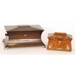 A 19th Century rosewood two divisioned tea caddy of concave waisted form on brass ogee bracket feet,