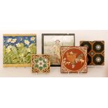 Five assorted late 19th Century tiles comprising a Minton 8 inch dust pressed tile decorated with a