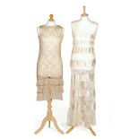 A 1930s ladies vintage cream silk and lace bias cut full length sleeveless dress,