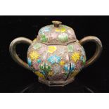 A Chinese silver and enamelled twin handled octagonal sugar or preserve bowl,