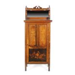 A 19th Century rosewood and marquetry inlaid music cabinet enclosed by a pair of floral decorated