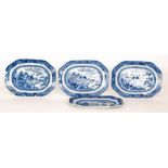 Four late 18th to early 19th Century Chinese export meat plates each decorated with a hand painted