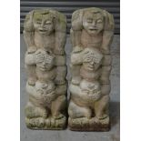 A pair of contemporary figural garden concrete statues; hear no evil, see no evil, speak no evil,