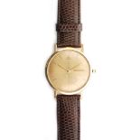 A 1950s 18ct hallmarked gentleman's Jaeger Le Coultre manual wind wrist watch with batons to a