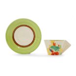 A Clarice Cliff conical shape cup and saucer circa 1934 hand painted in the Alton (Green) with a