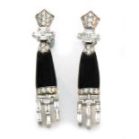 A pair of Art Deco style 18ct white gold onyx and diamond pendant earrings,