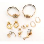 Seven pairs of earrings to include 18ct and 15ct examples and two gold case ladies watches.